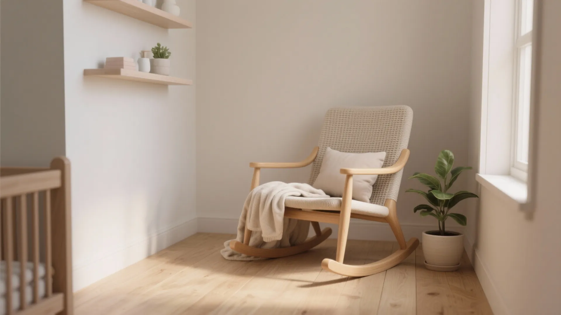 Slim-profile wooden rocking chair with exposed legs and a lumbar pillow in a small nursery corner with light wood floor.