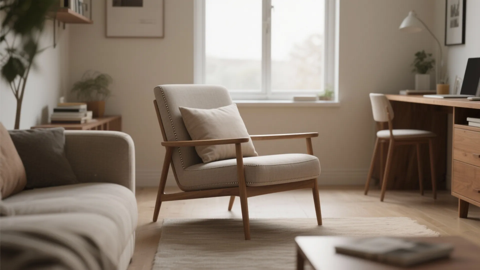 Slim-profile rocker with narrow arms and tapered legs in a small living room next to a compact work nook.