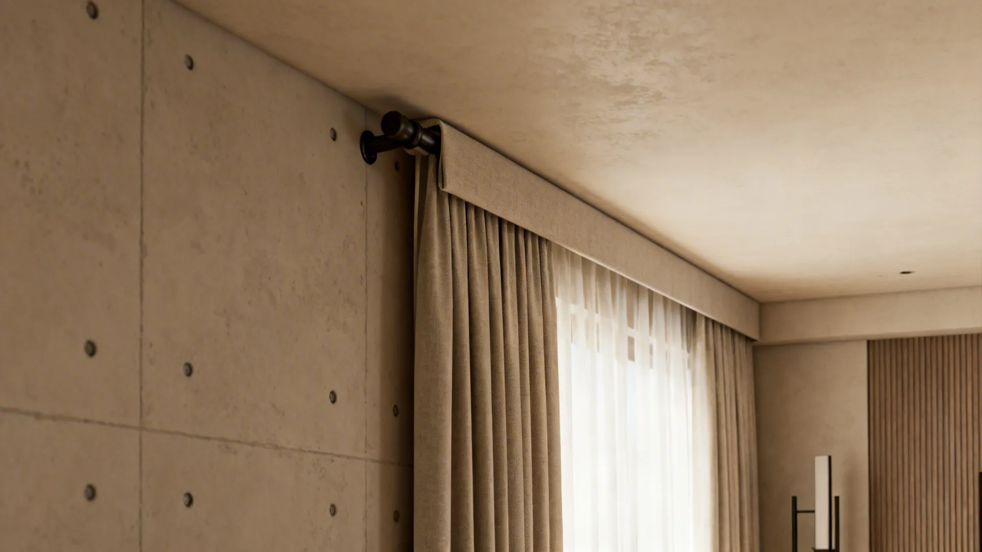 Beige curtains hanging on black rod against industrial concrete wall in a modern minimalist room
