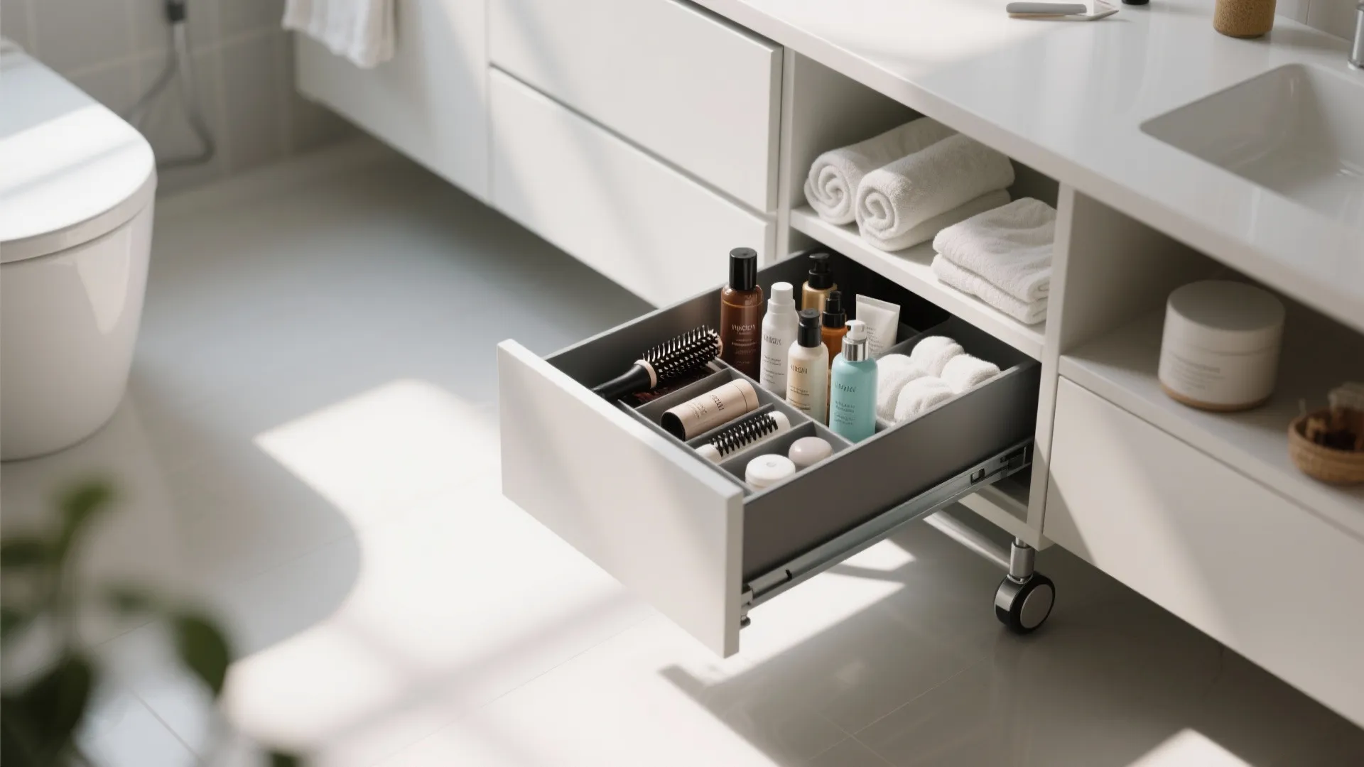 Open white cabinet drawer on wheels organized with various skincare bottles hairbrushes and rolled towels