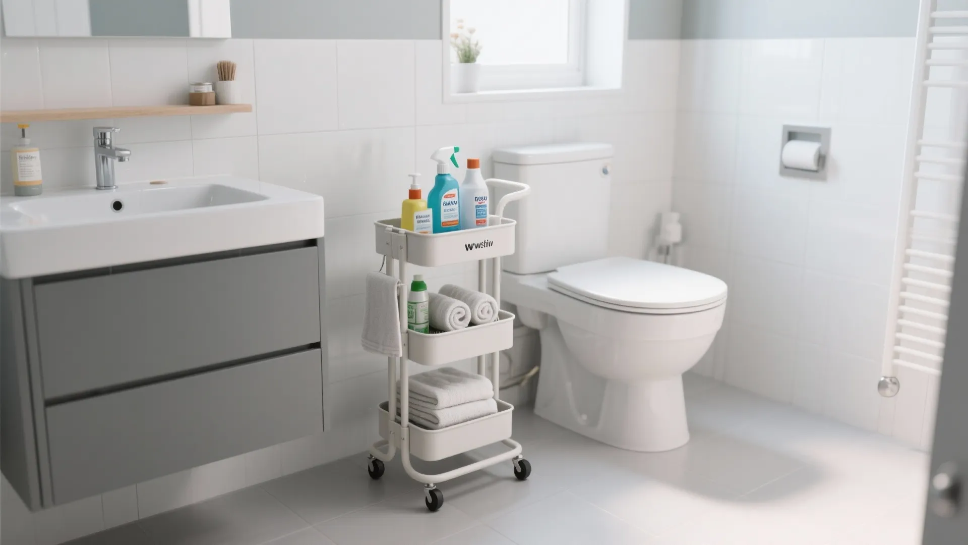 White three-tier rolling cart with cleaning supplies and towels placed between a toilet and sink
