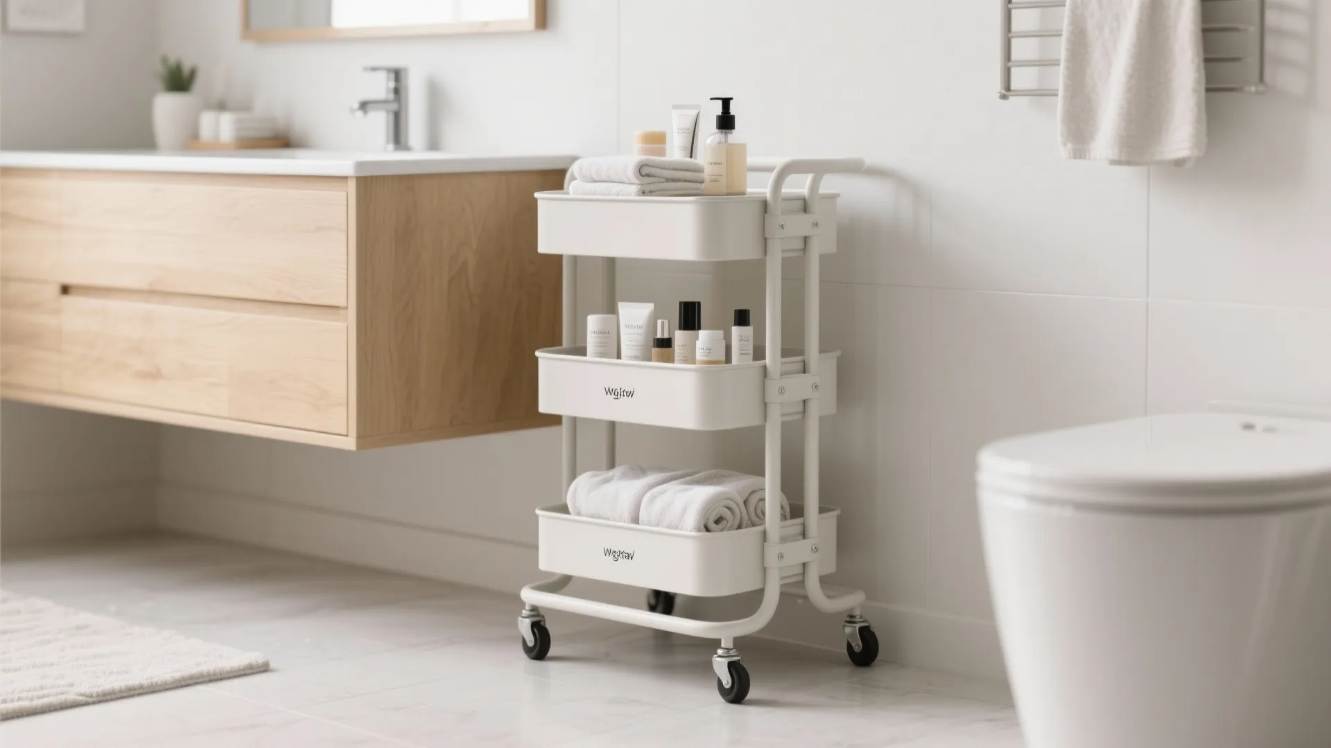 White three tier rolling storage cart with towels and toiletries next to a wooden vanity