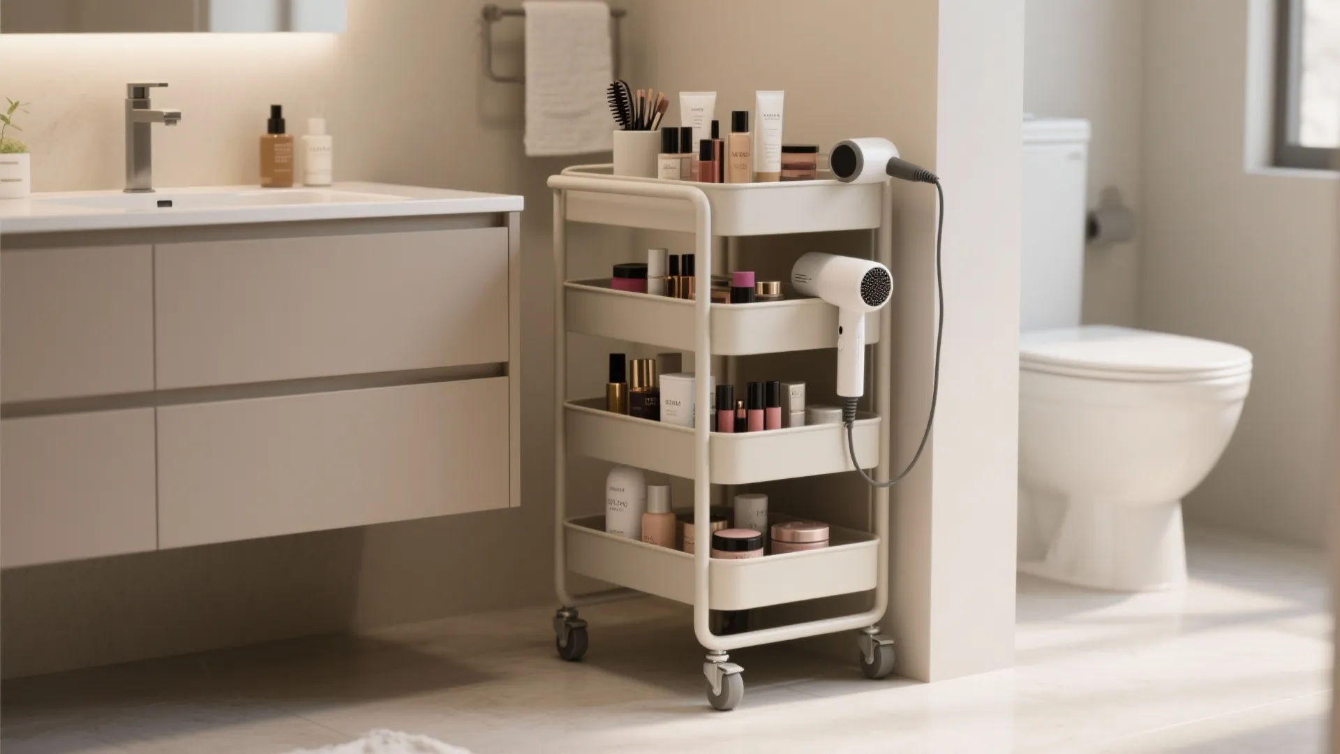 White four tier rolling storage cart holding makeup and hair dryer in a modern bathroom