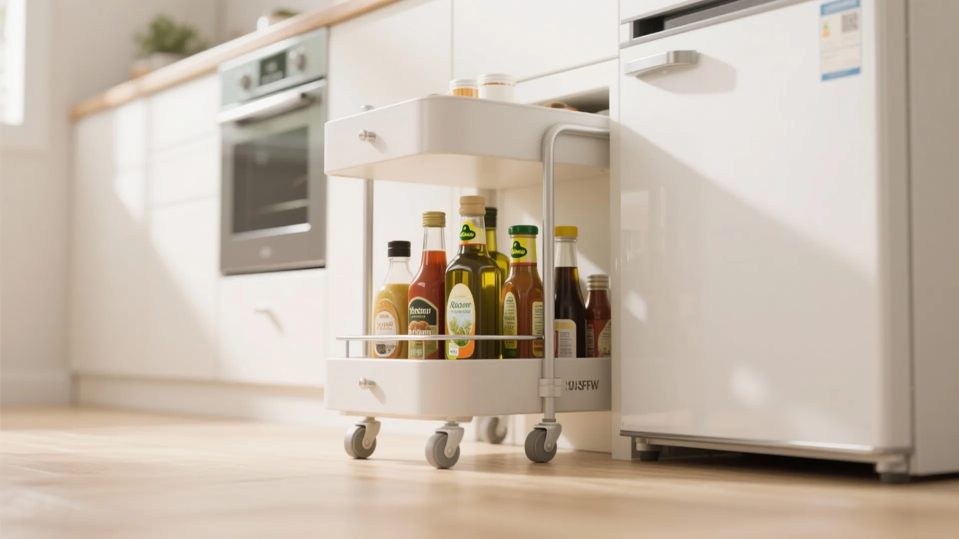 Two tier white slim rolling cart holding various kitchen sauce bottles and glass oil containers