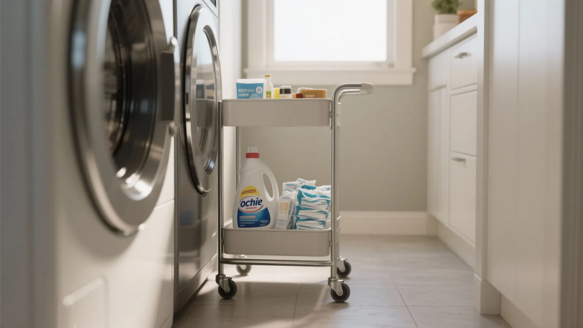 White rolling storage cart with laundry detergent and supplies standing next to a washing machine