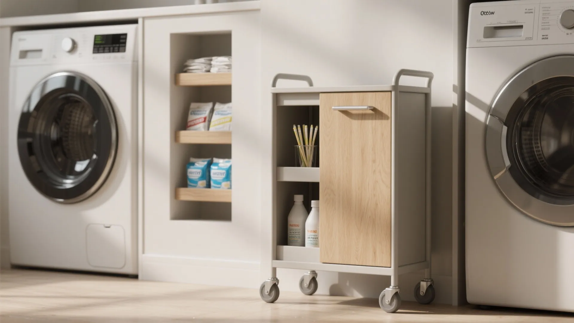 Small white rolling cart with wooden door parked between white washing machines in a bright room