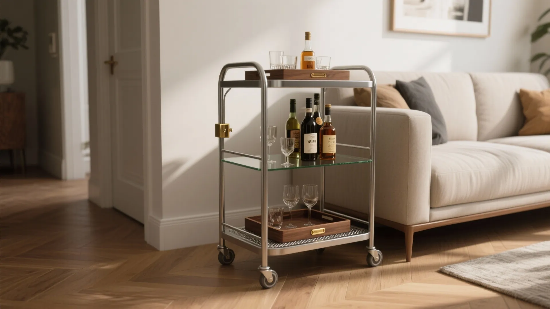 Silver metal rolling cart with three shelves holding bottles and glasses next to a sofa