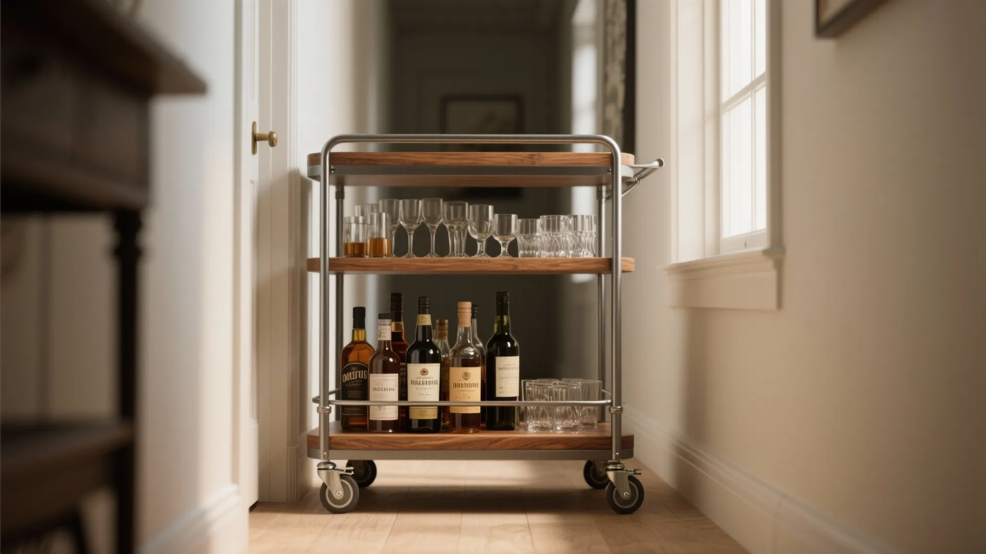 1. Slim rolling bar cart that tucks away