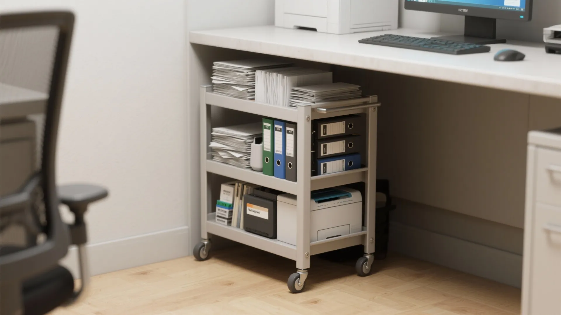 Metal rolling storage cart with three shelves holding paper folders and office supplies under desk