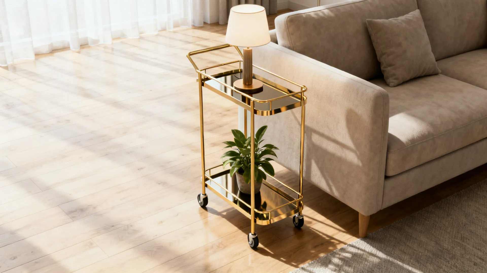 Gold rolling storage cart with two shelves holding a table lamp and a green plant