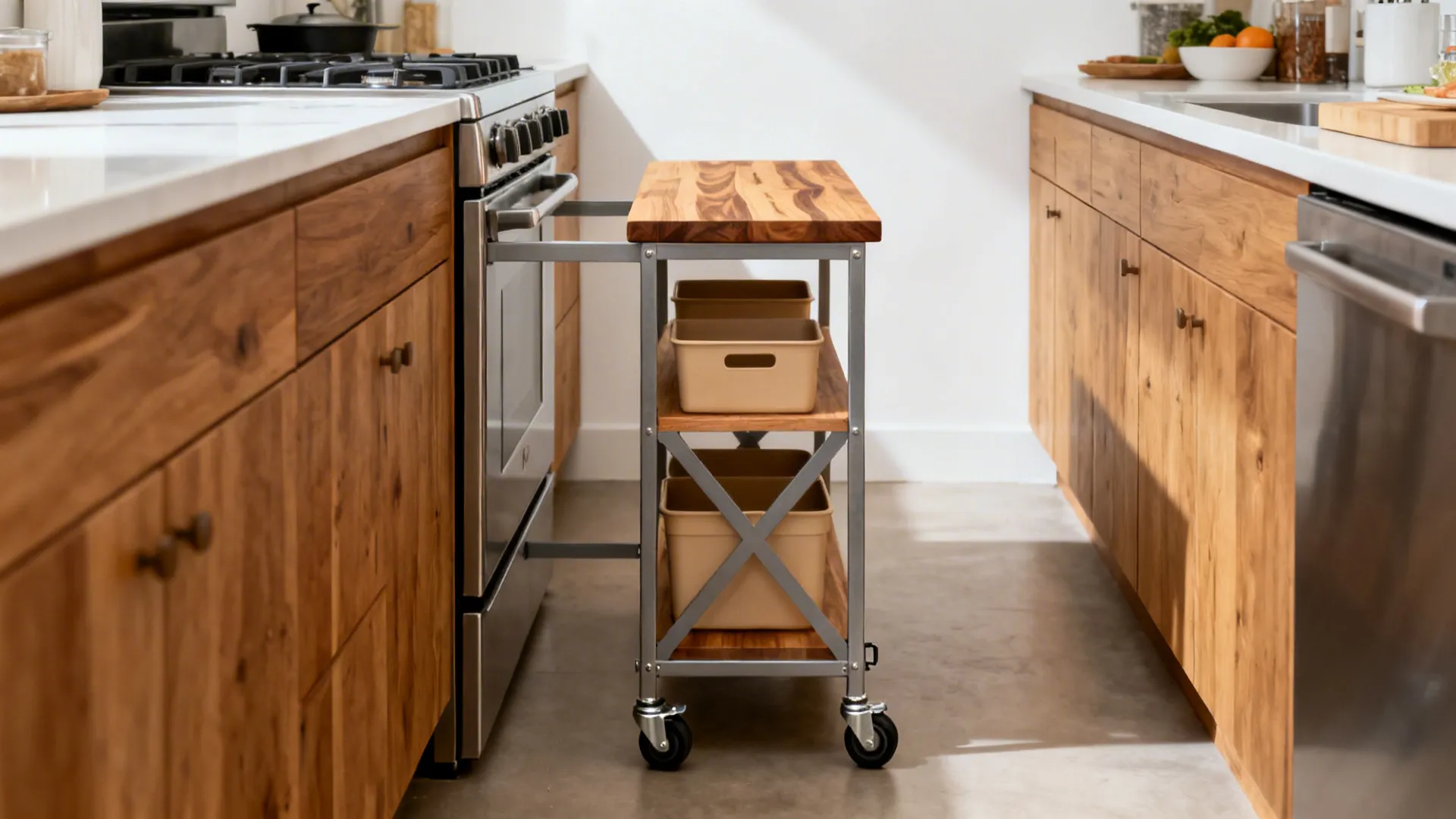 1) Slim island carts that roll and tuck away