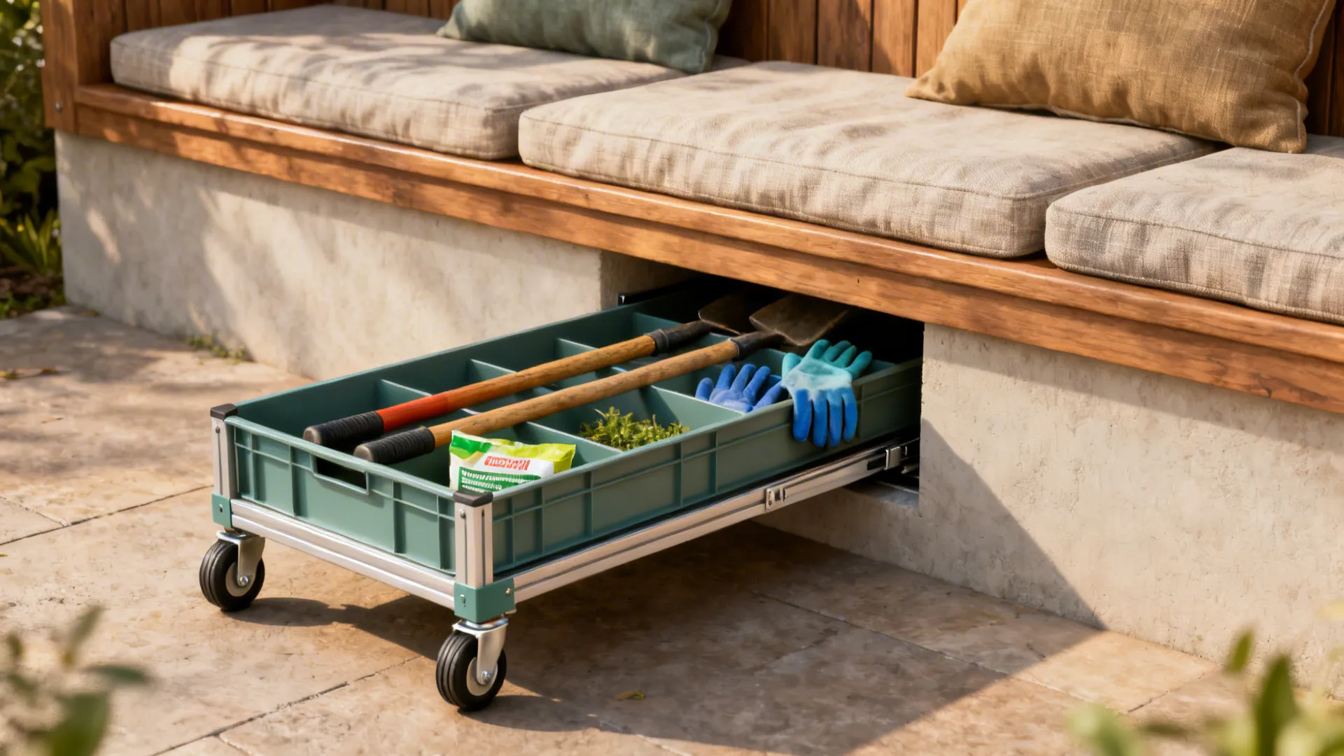 Slim wheeled storage cart sliding under a built-in bench, holding long-handled tools and gardening supplies.