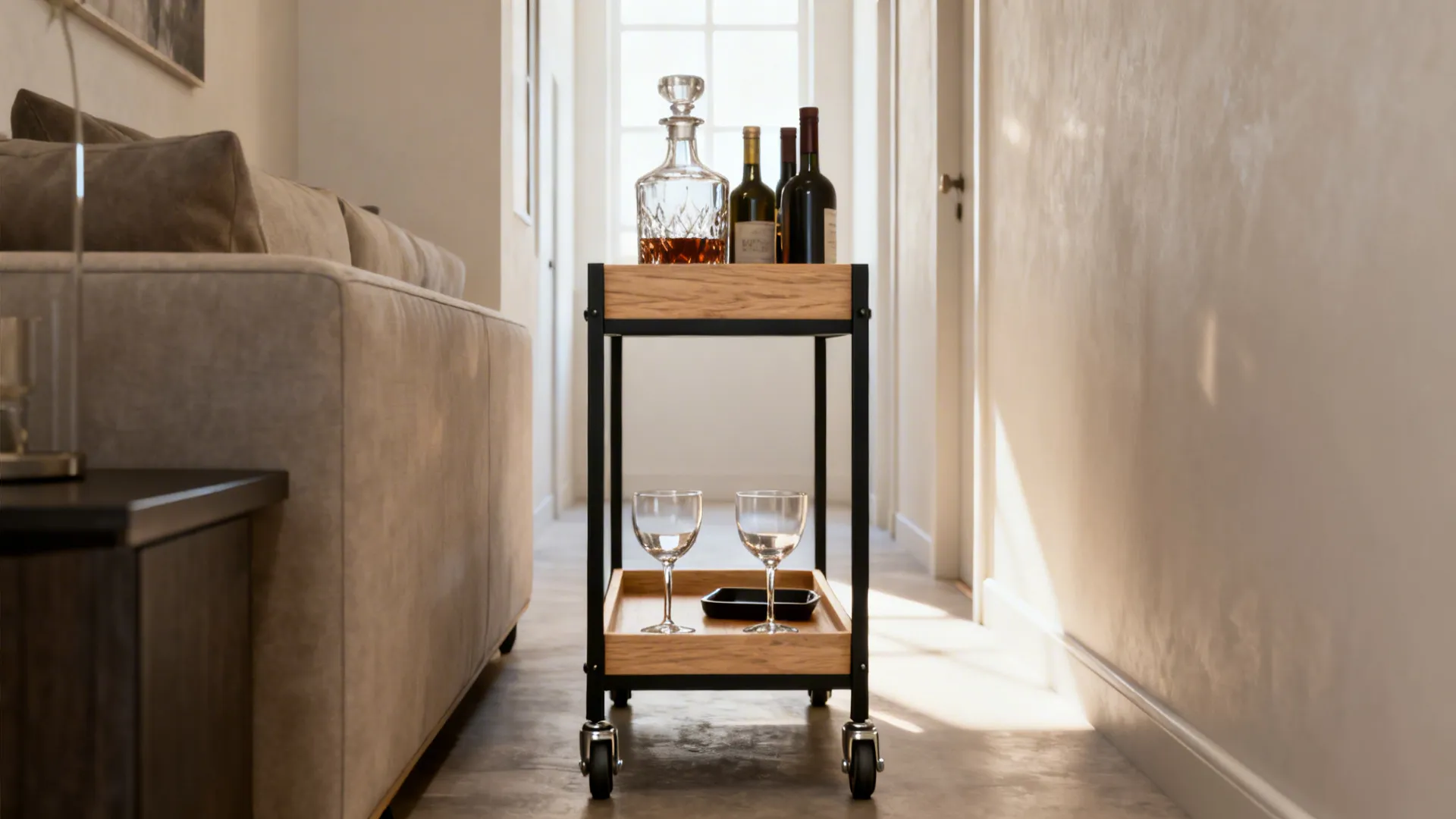 A 12-inch-wide rolling cart styled with decanter and glasses sliding through a narrow hallway.