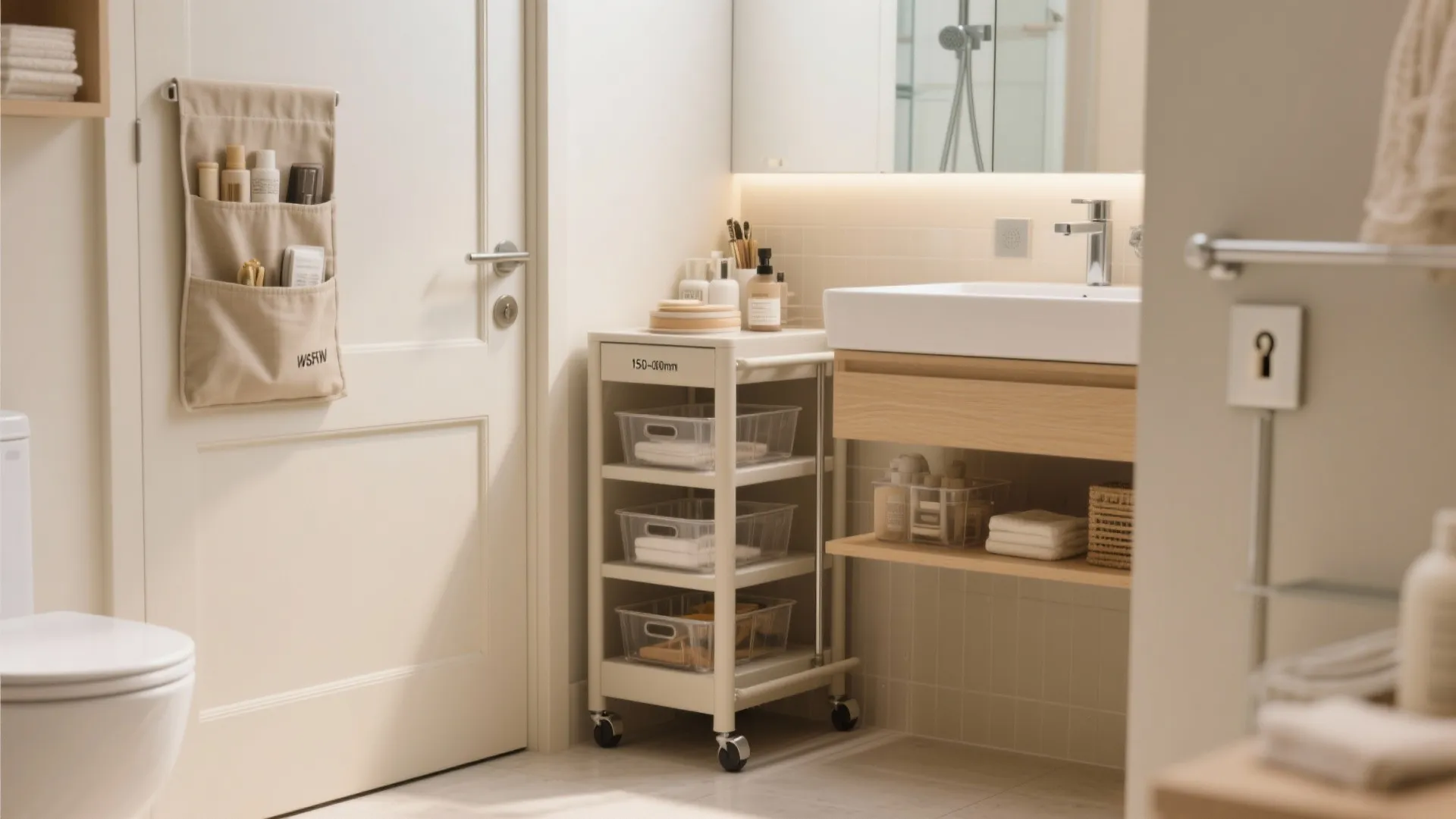 Slim rolling carts and behind-the-door pockets