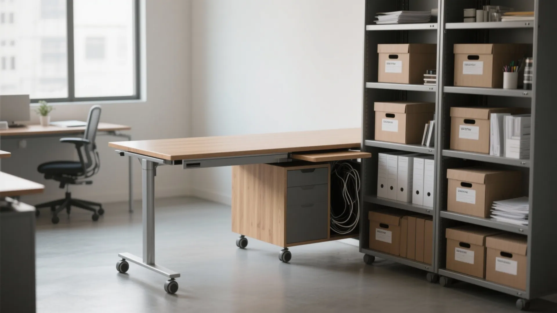 5. Slim rolling desk with vertical storage