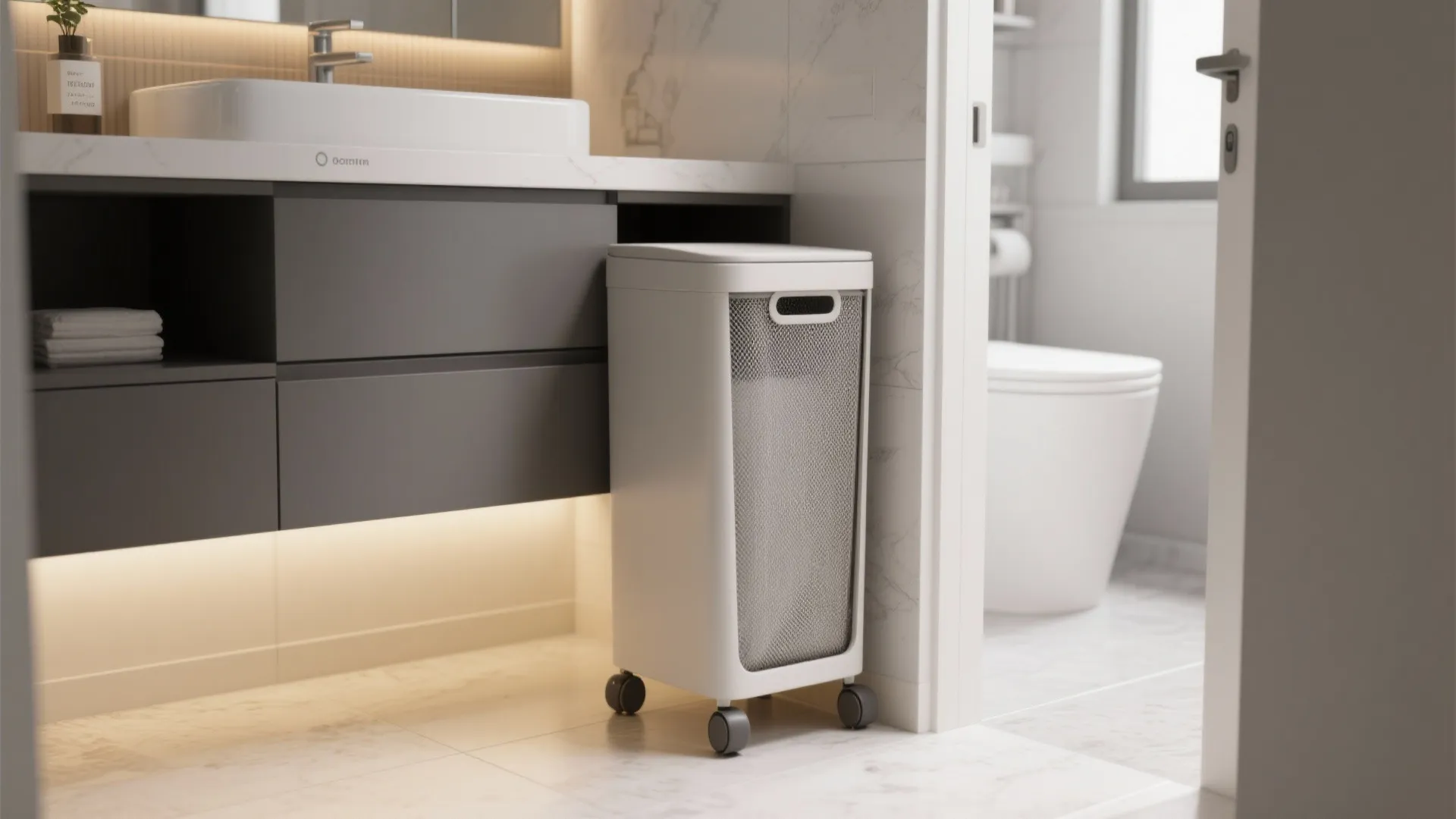 White slim laundry basket with wheels and mesh front next to a grey bathroom cabinet