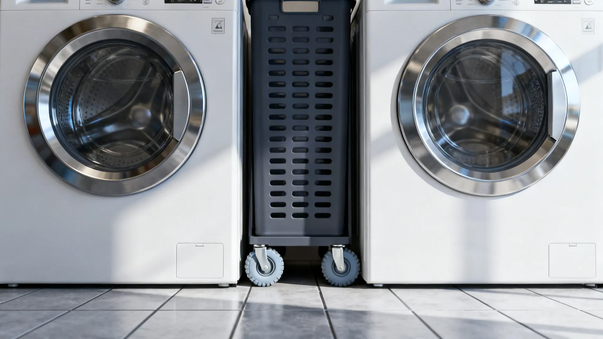Slim rolling laundry hamper on casters tucked between a washer and dryer.