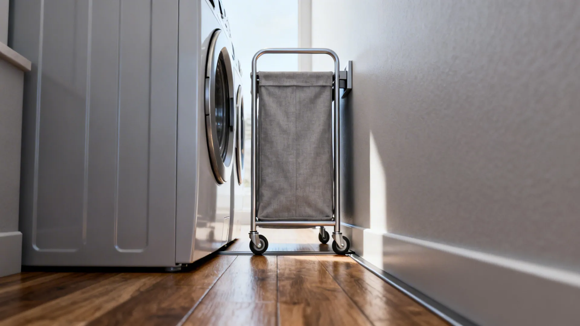 Narrow rolling hamper tucked between a washer and wall on smooth wheels.