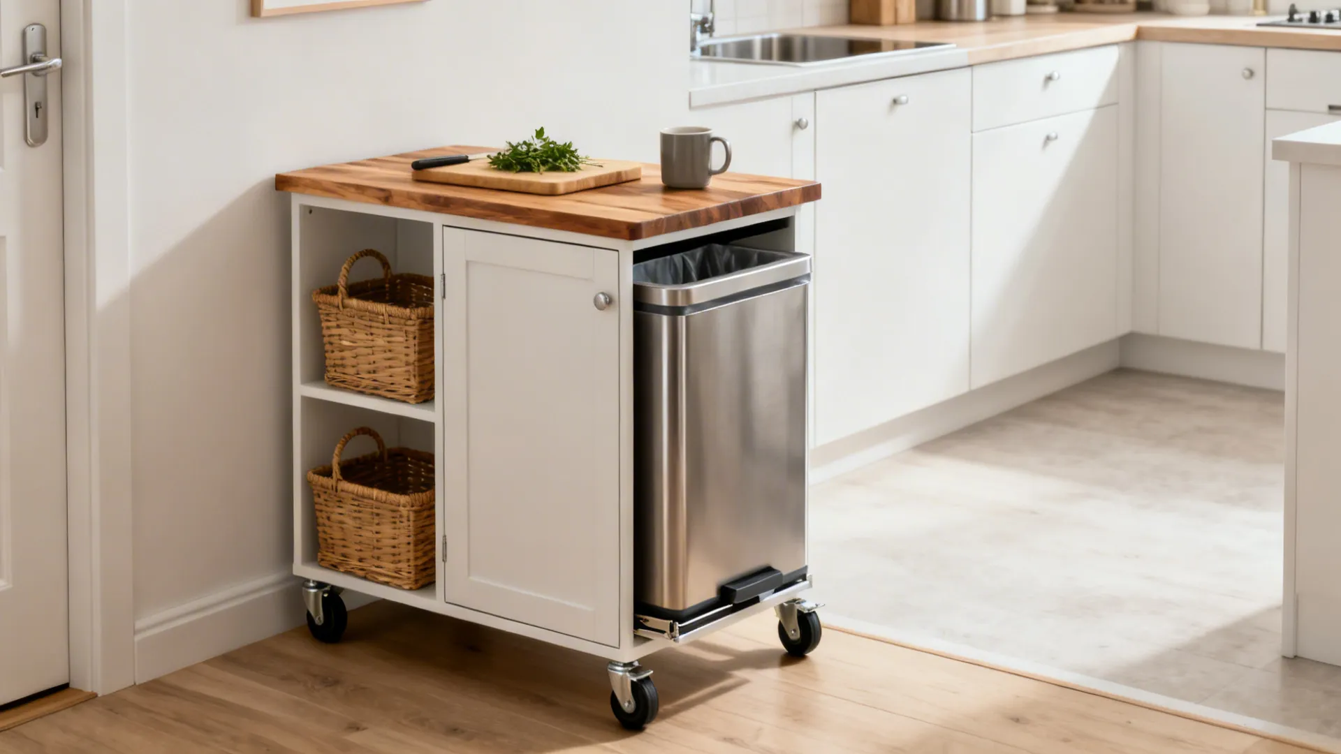 Slim rolling kitchen island with butcher-block top and locking casters in a tiny kitchen.
