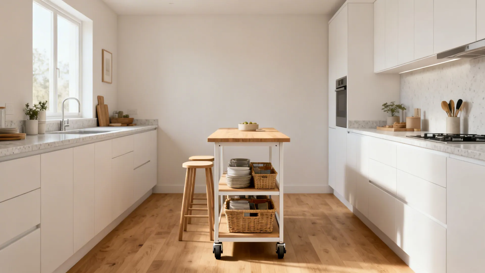 Slim rolling kitchen island on locking casters in a bright galley kitchen.