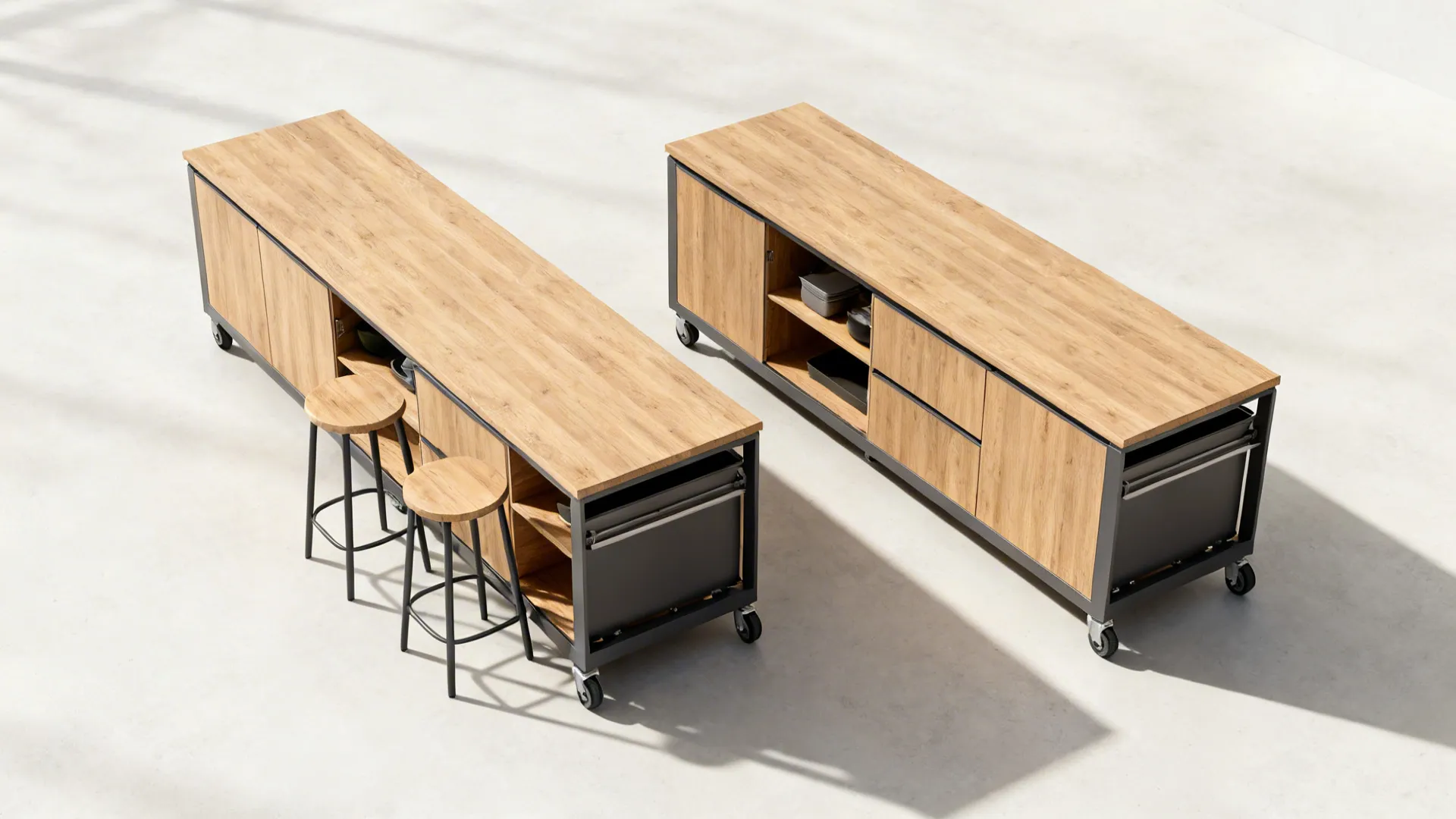 Slim rolling island in a galley kitchen shown extended for prep and tucked away for circulation