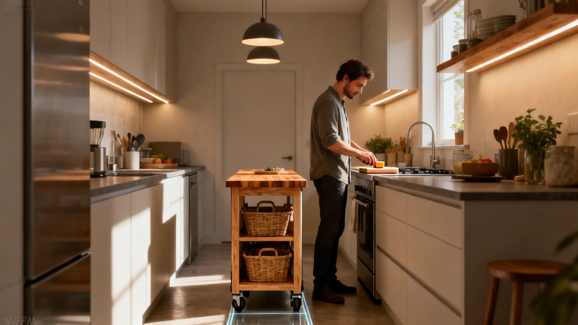 Slim rolling island in a narrow kitchen, showing clear walkways and tucked-away mobility.