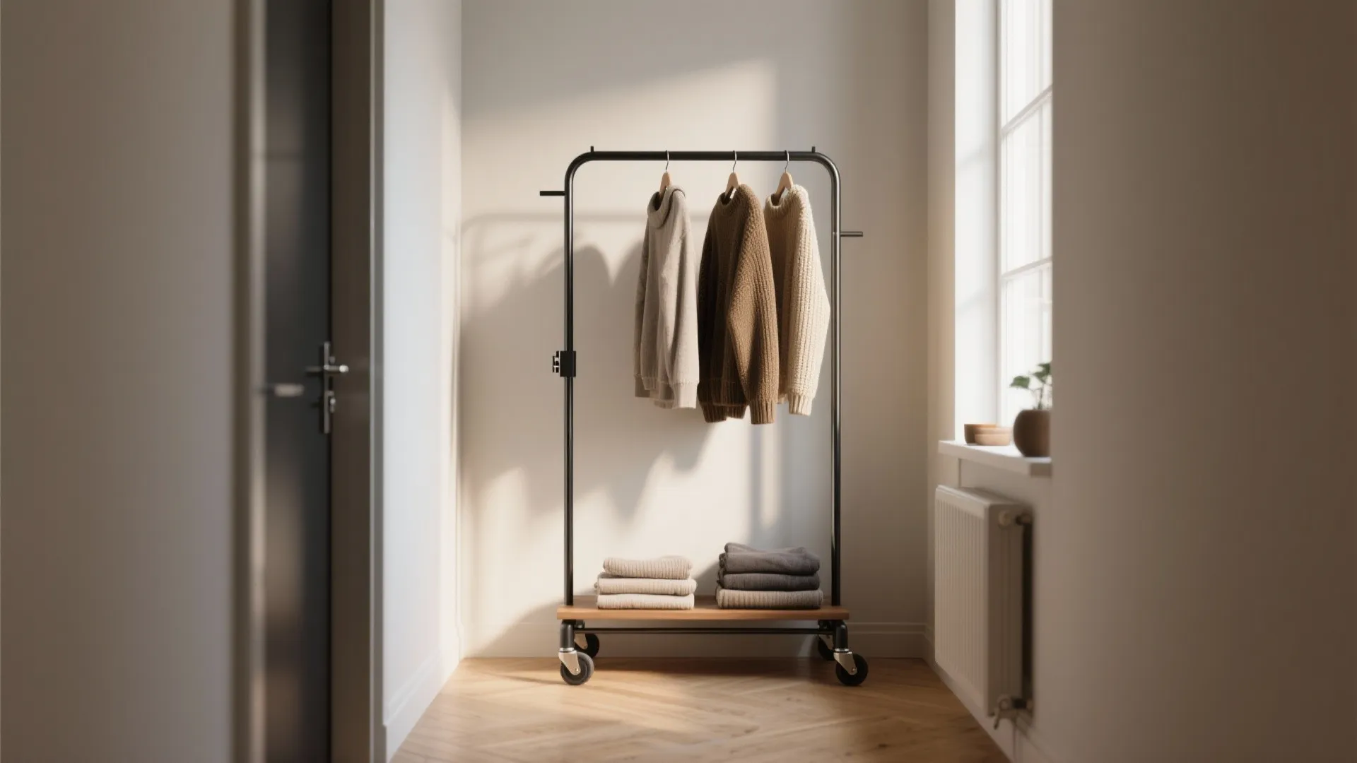 Black metal rolling clothes rack with hanging sweaters and folded clothes in a sunlit hallway
