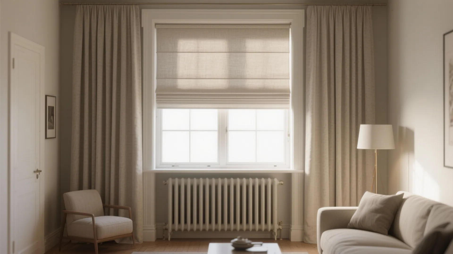 3. Slim Roman Shades with Side Curtains