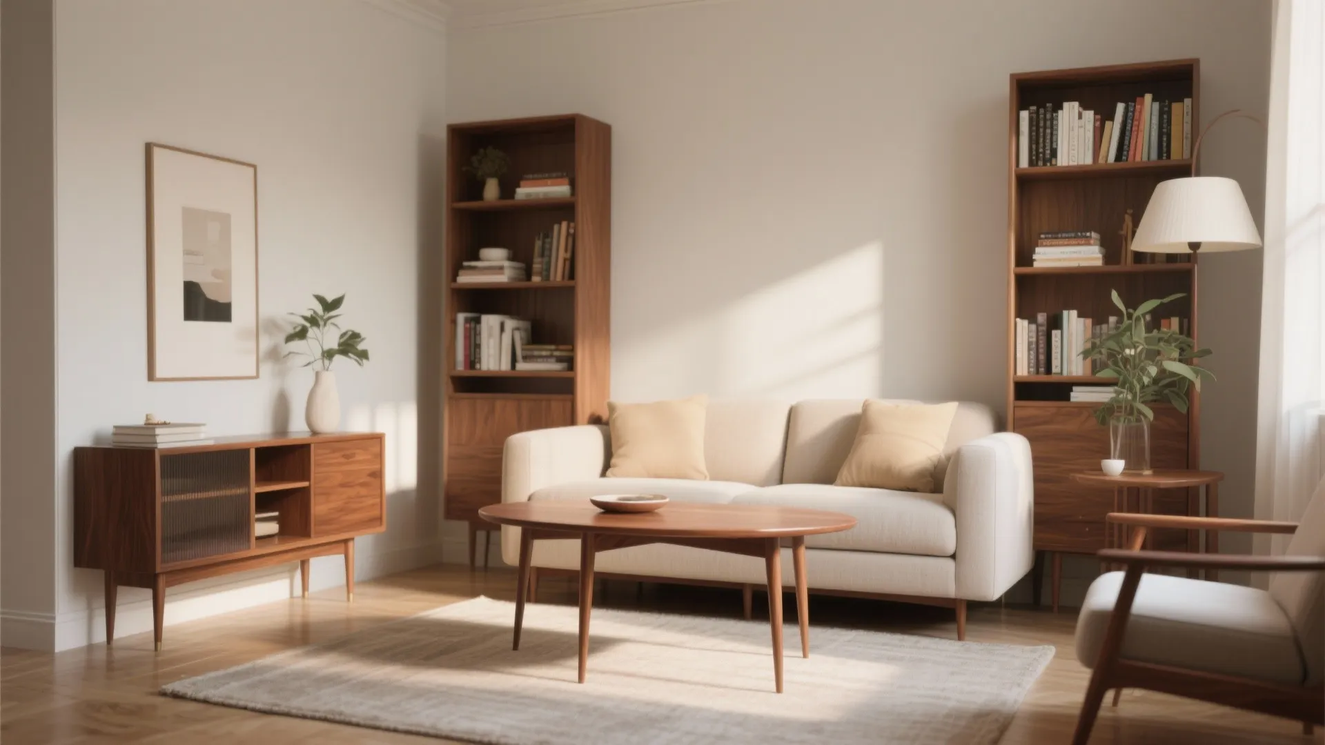 Modern living room featuring cream sofa wooden coffee table two tall bookshelves and floor lamp