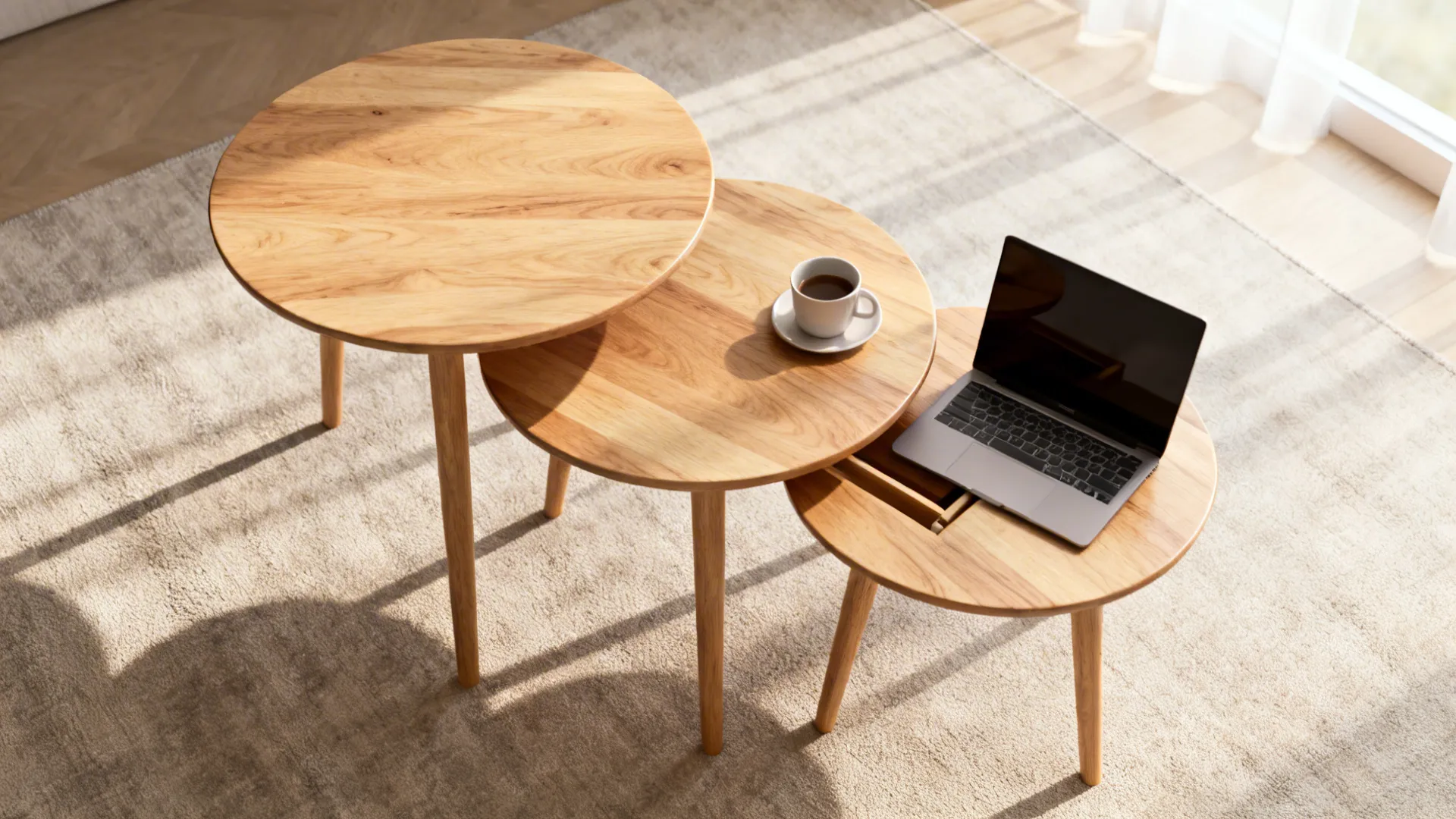 Three round wooden nesting tables with laptop and coffee cup placed on grey area rug