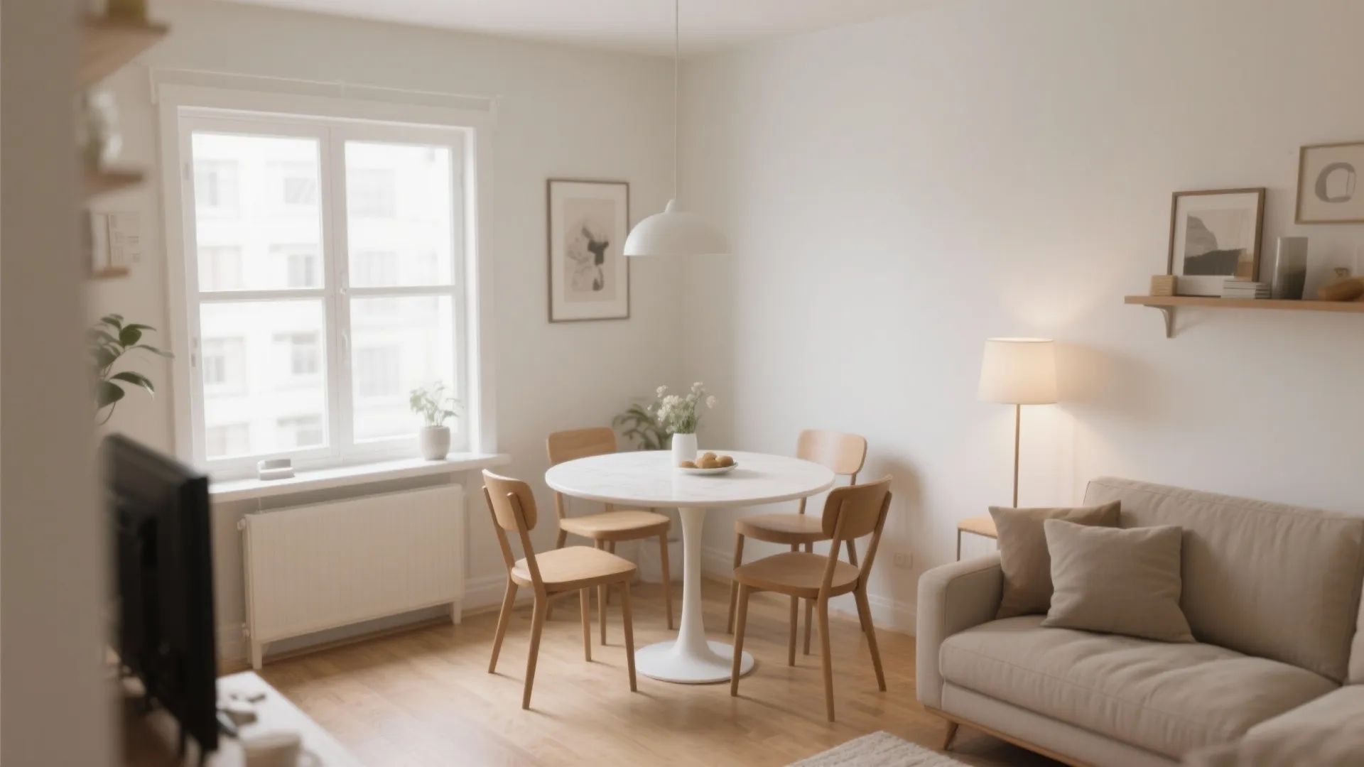 Slim round dining table in a small open-plan space