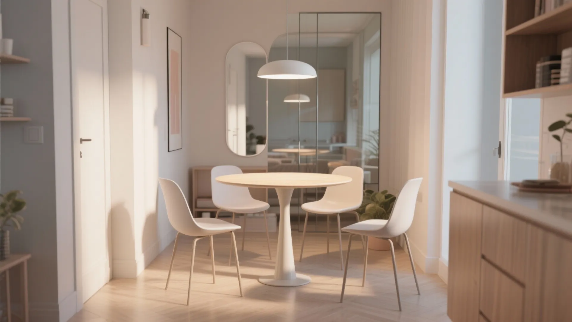 Modern dining area with white round table, four chairs, ceiling light, mirror, and wooden floor