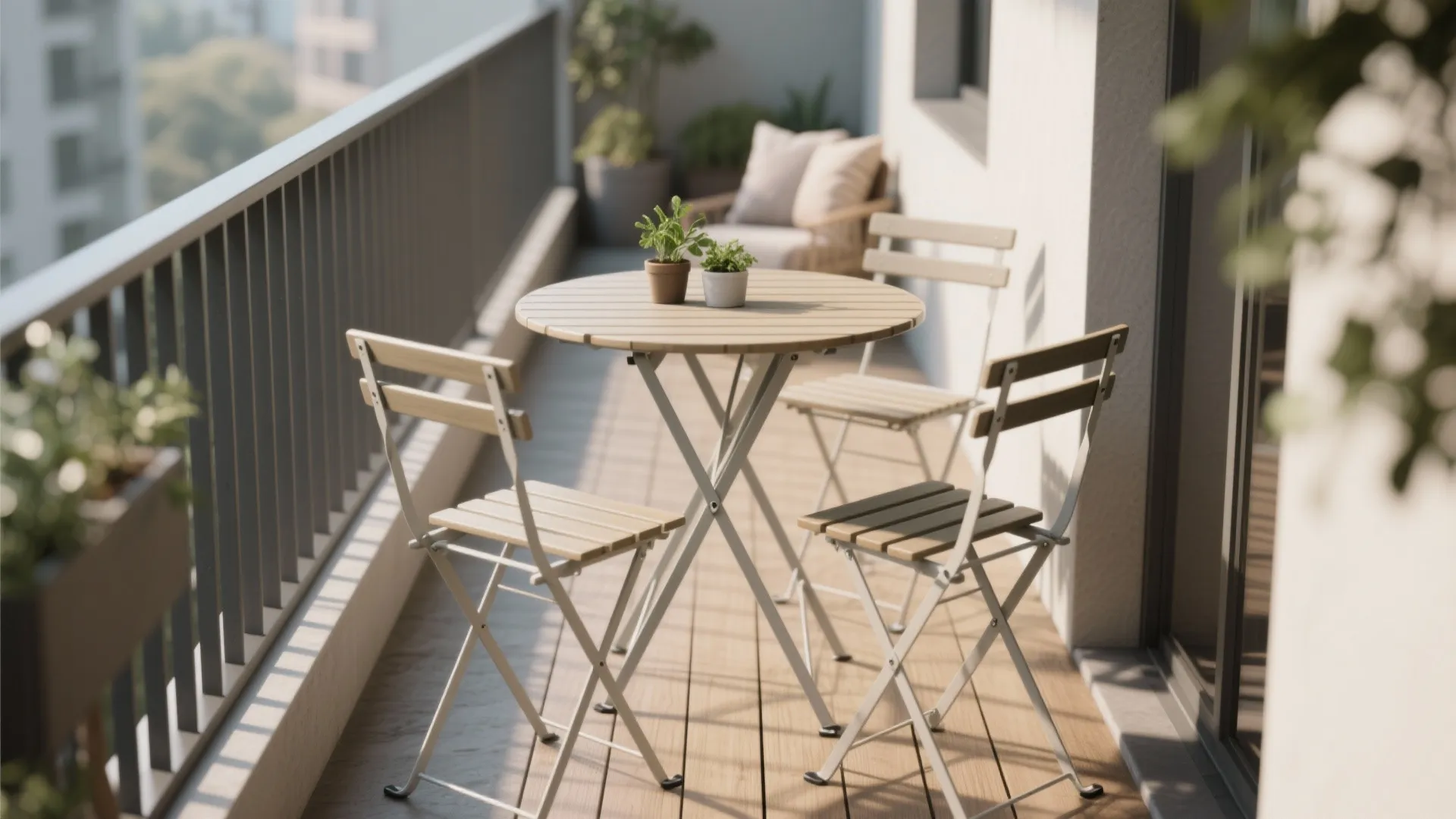 Slim round folding table with clip-on chairs