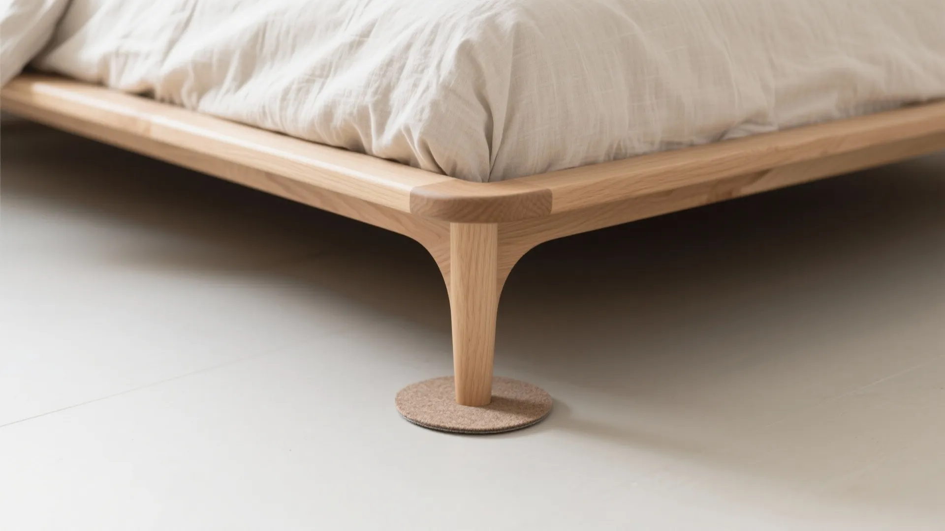 Close-up of slim rounded wood bed frame corner with breathable bedding.