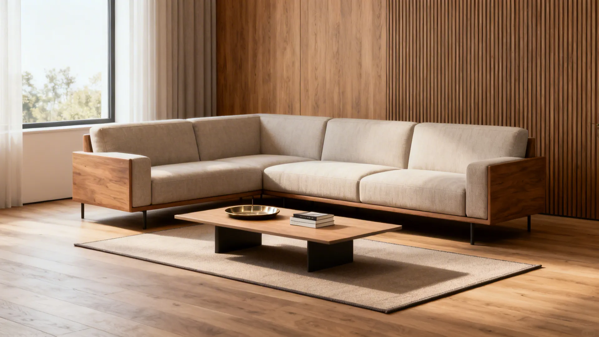 Bosworth two-piece with slim rug and low coffee table showing open sightlines and circulation.