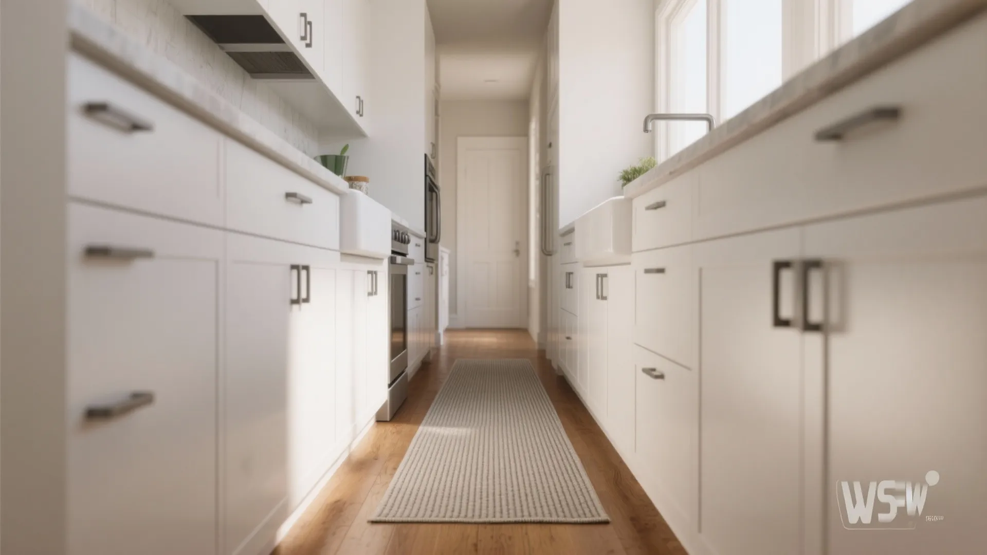 Narrow white kitchen with long grey rug runner on wooden floor between white storage cabinets