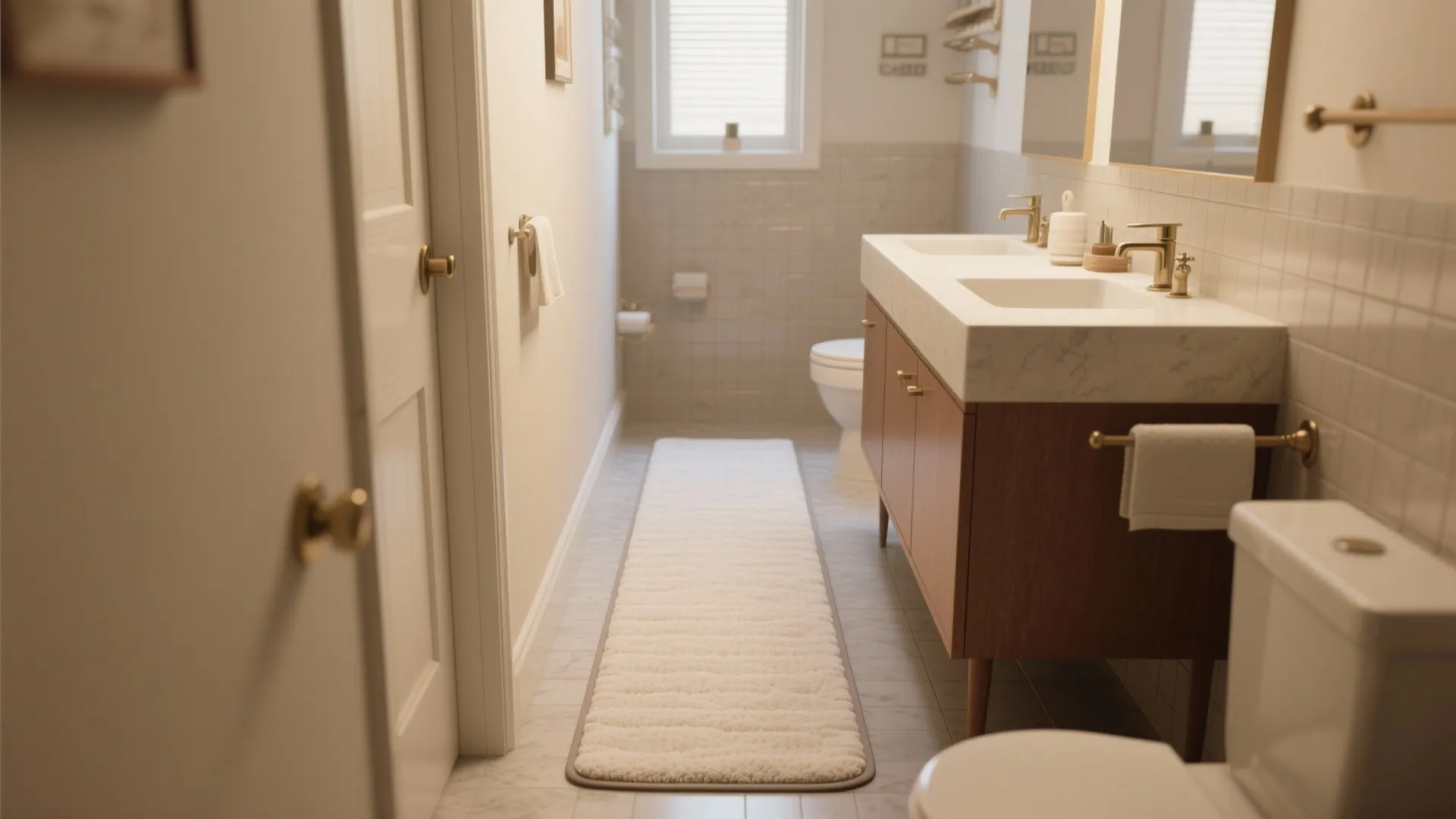 Narrow memory-foam runner beside a bathroom vanity, showing scale and non-slip backing in a small bath.