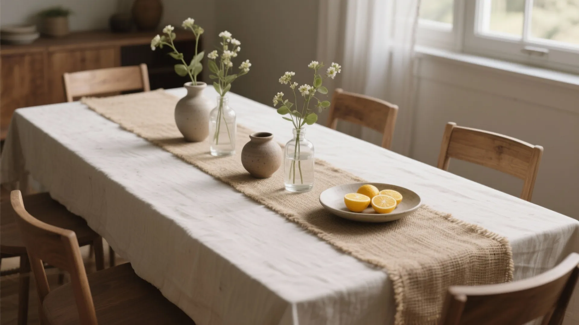 Rectangle dining table with slim linen runner and low bud vases, pottery, and citrus cluster in soft daylight.