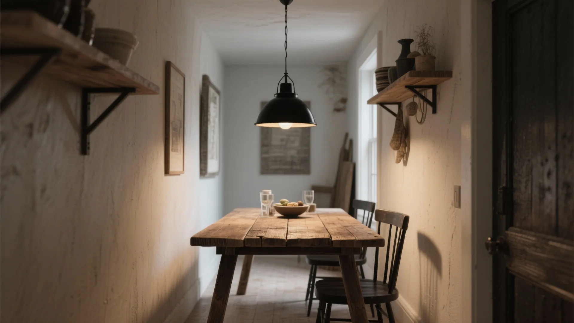 2. Mix a Slim Rustic Table with a Statement Light