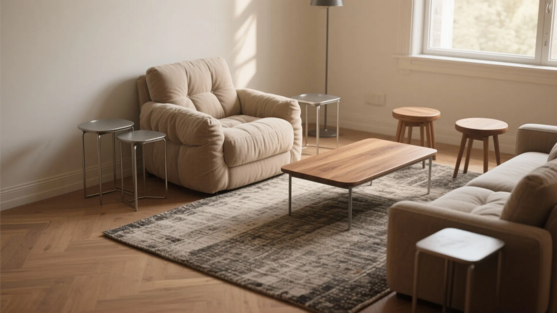 Modern living room featuring beige sofa armchair wooden coffee table grey rug and neutral wall colors