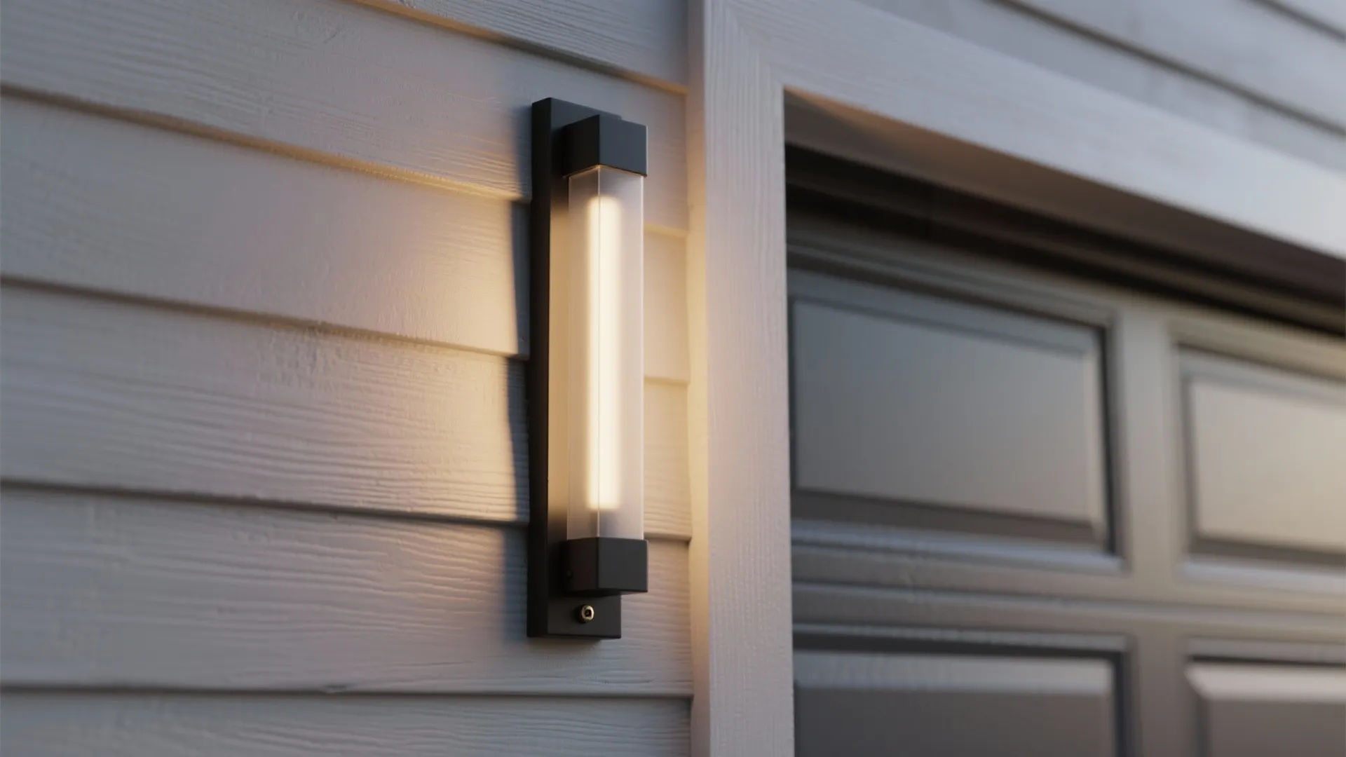 Modern black slim wall light mounted on white wood panel exterior next to garage door