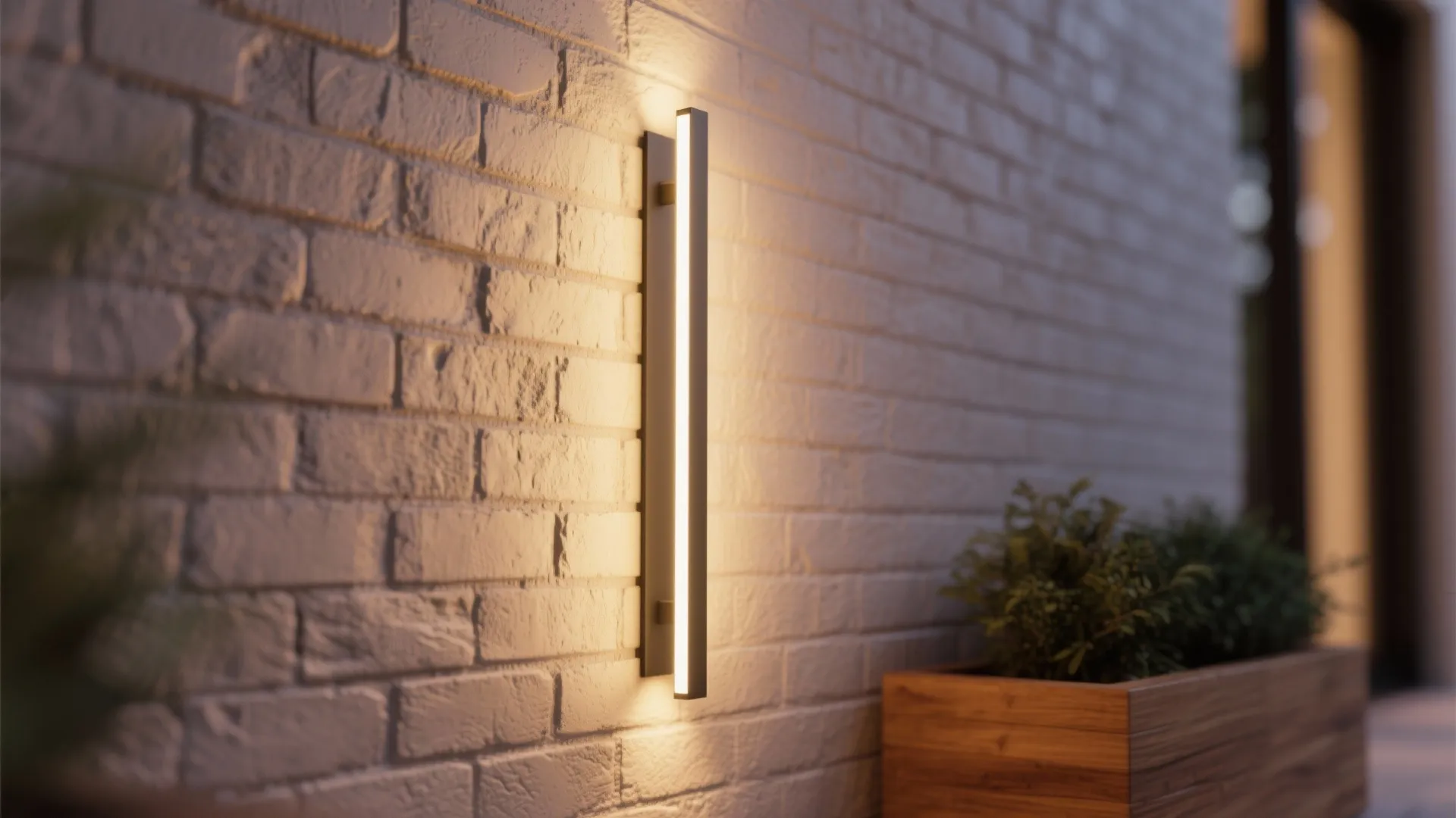Modern vertical wall light fixture on white brick wall next to wooden outdoor plant box