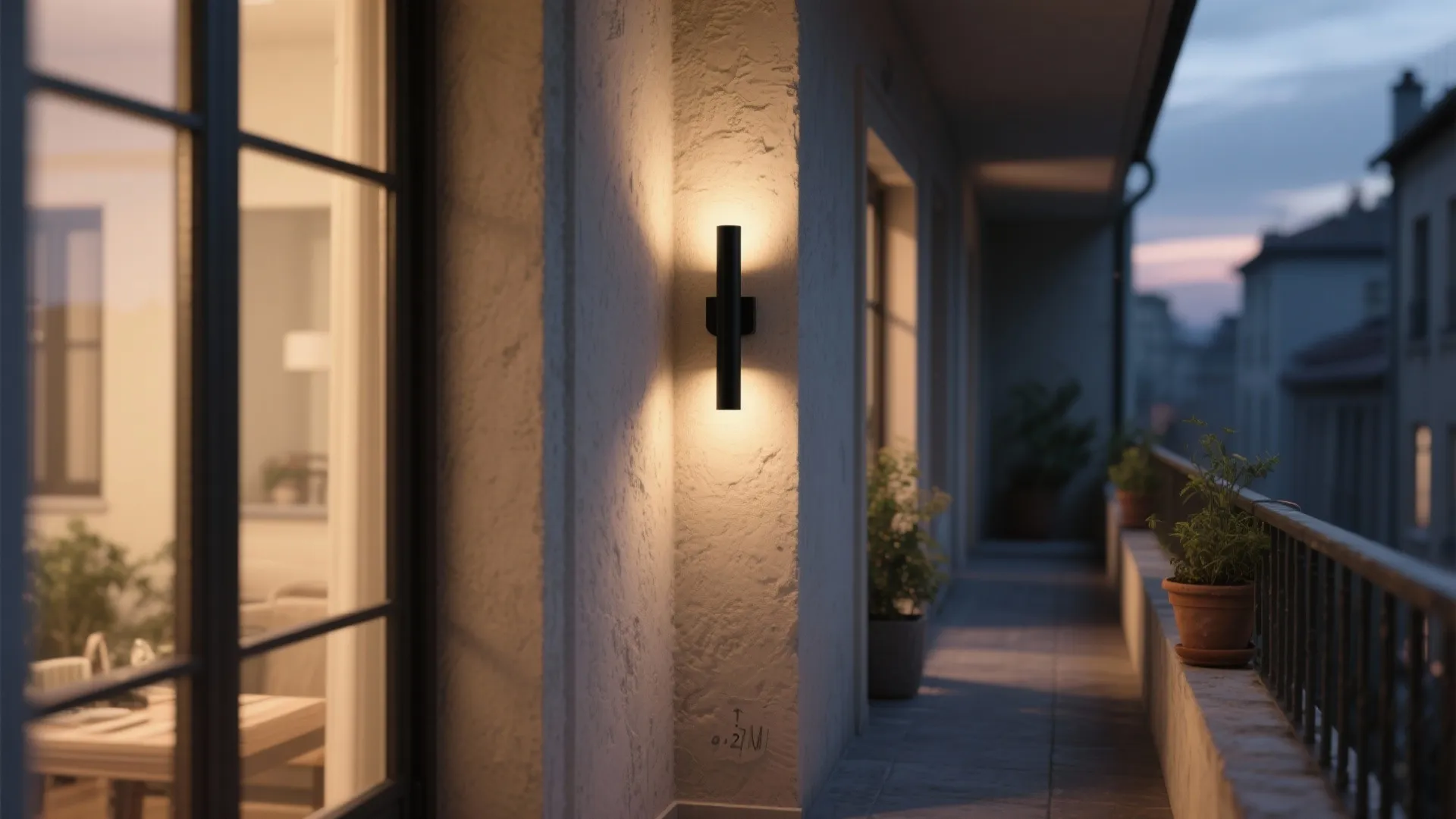 Narrow apartment balcony with black wall light fixture potted plants metal railing and city view