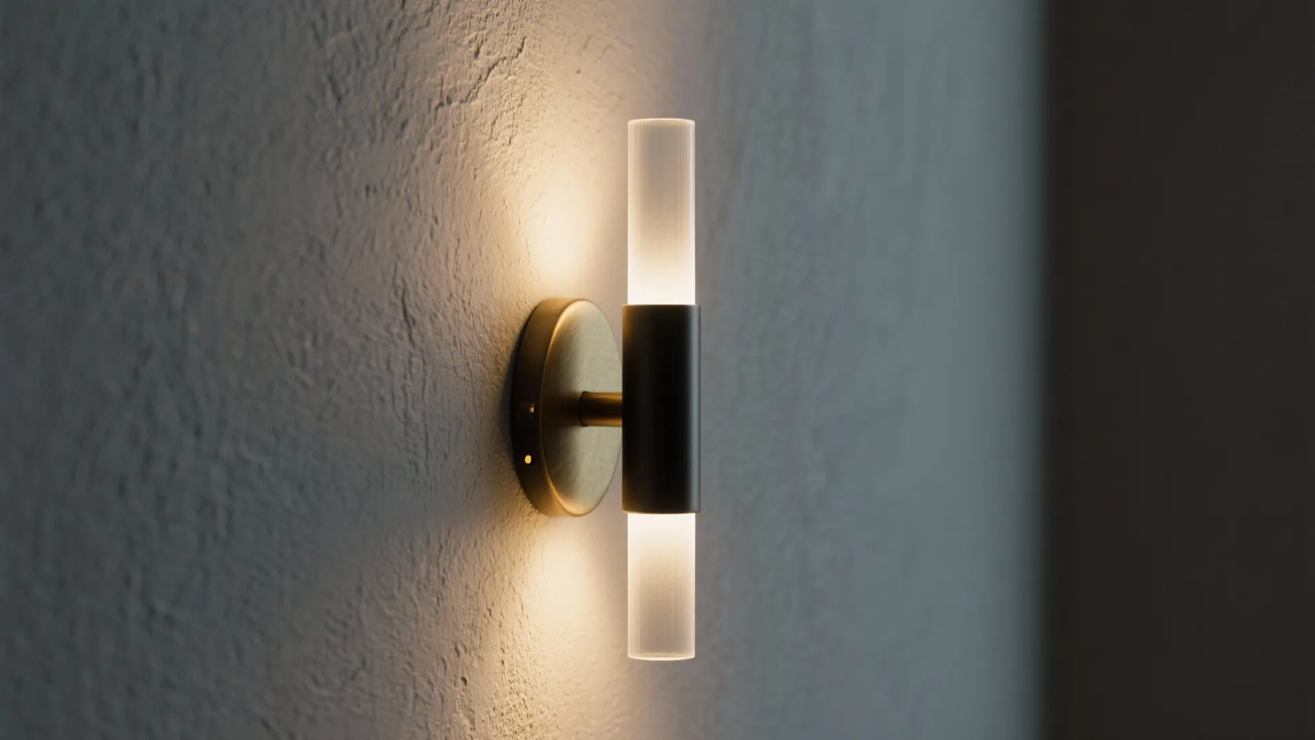 Modern black wall light with two glass tubes glowing on a textured white wall in dimness