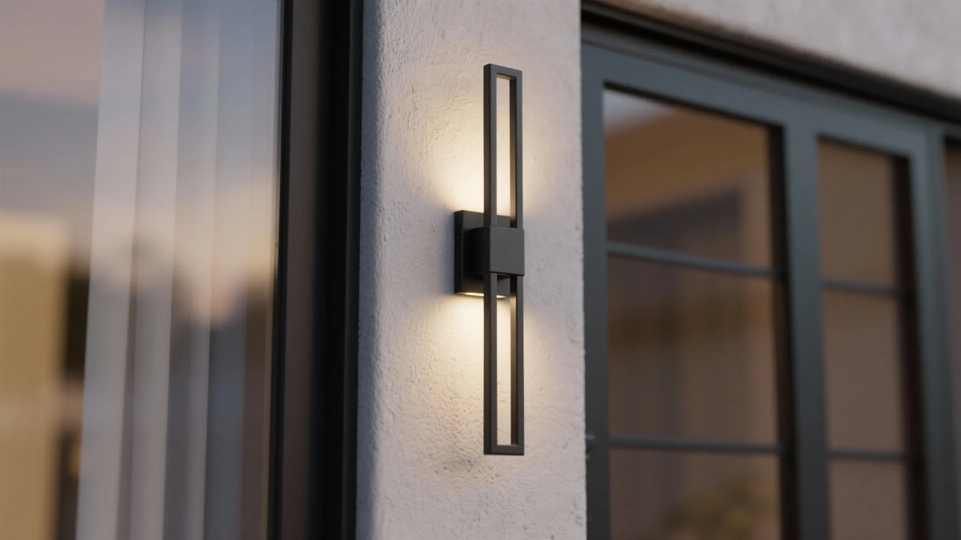 Close-up of a slim matte-black outdoor wall sconce with warm LED wash and corrosion-resistant finish.