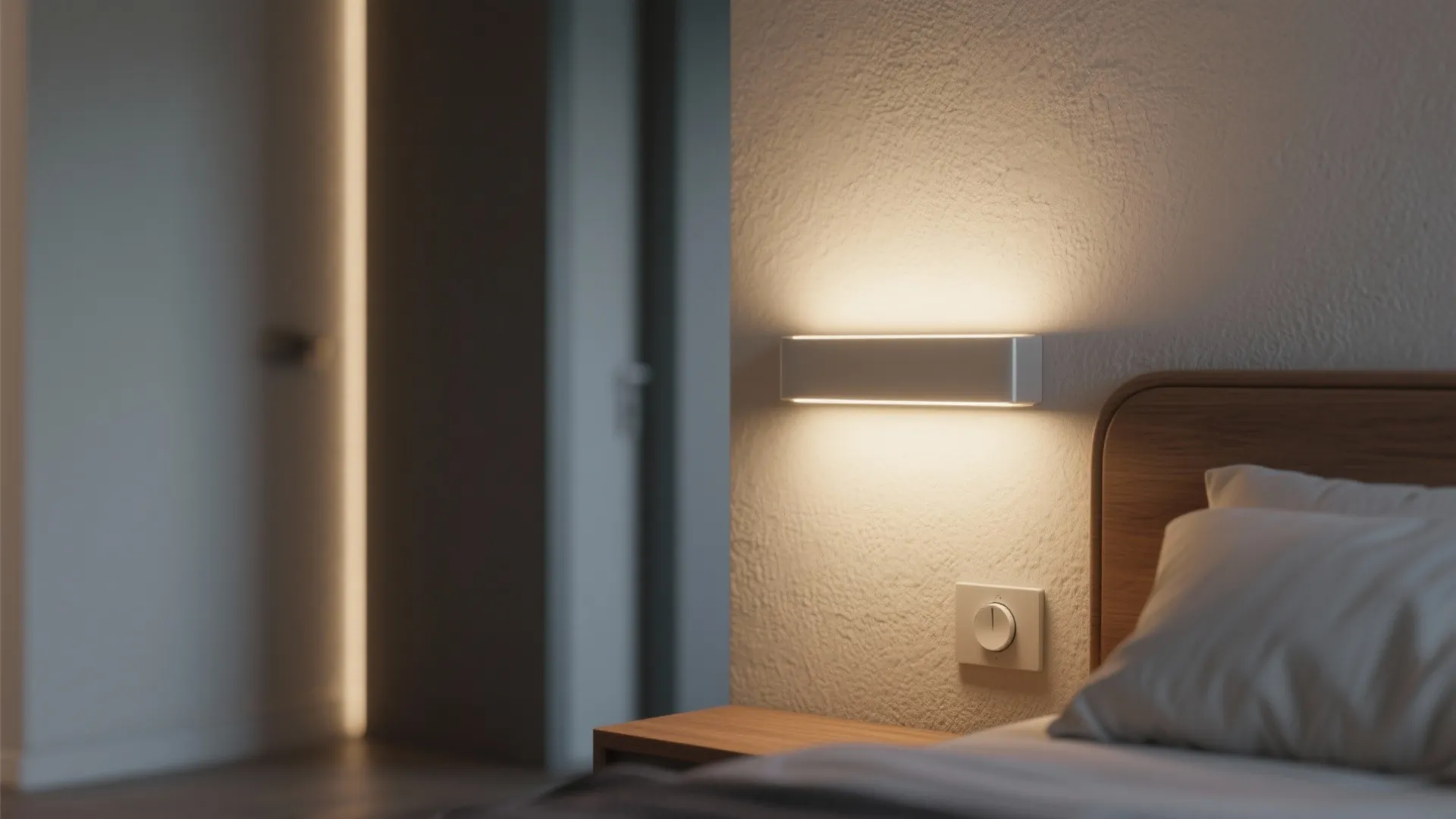 Slim flush LED sconce with integrated dimmer producing a warm, wide soft glow beside a bed.