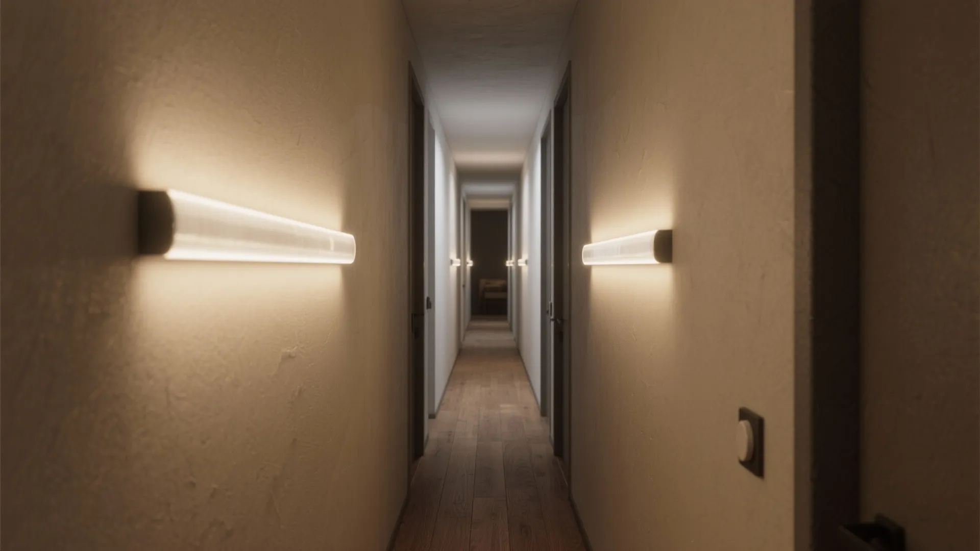 Long narrow hallway with wooden floor and several glowing wall light fixtures installed on white walls