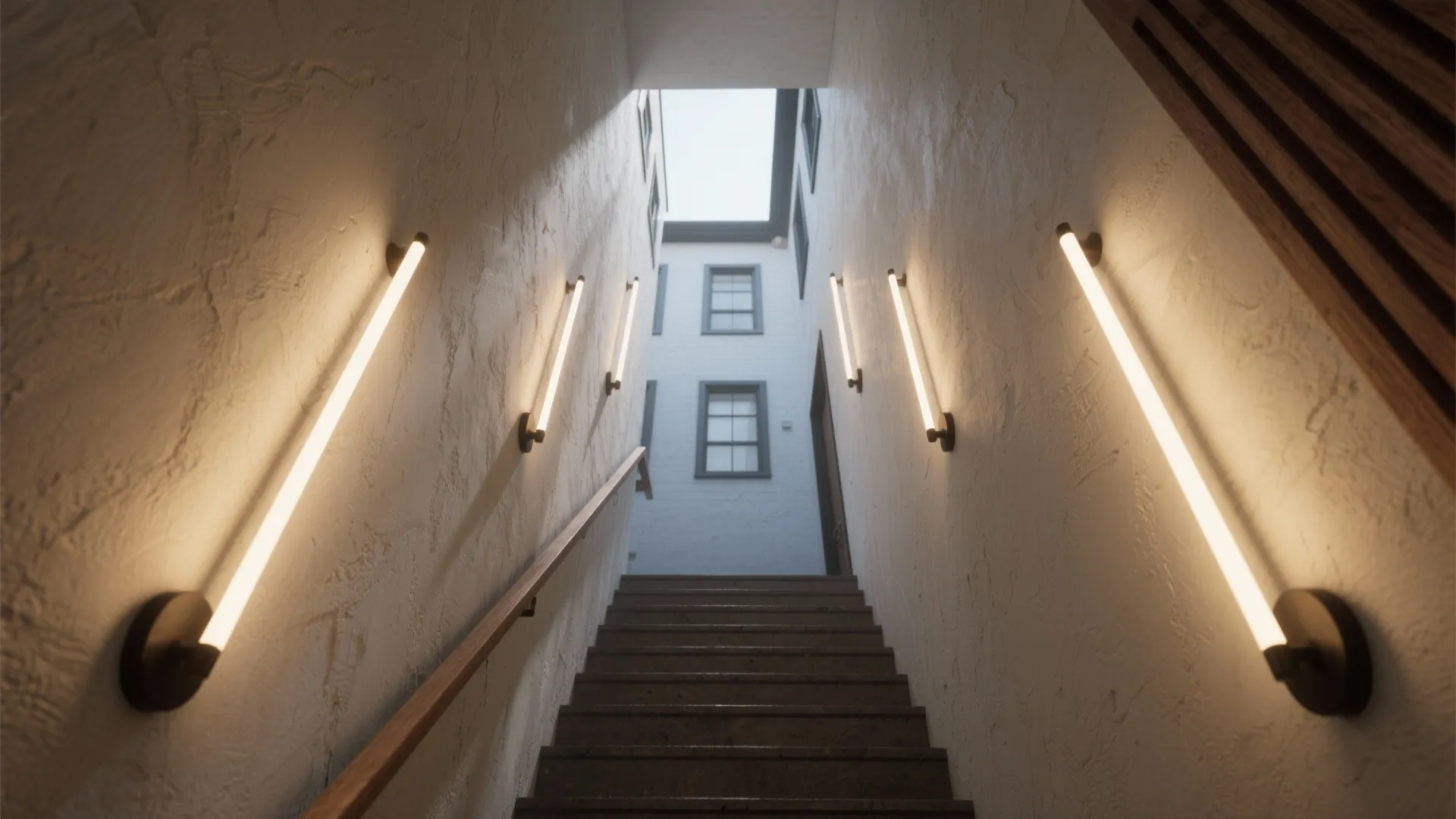 Narrow stairwell with tall slim vertical sconces creating upward visual emphasis