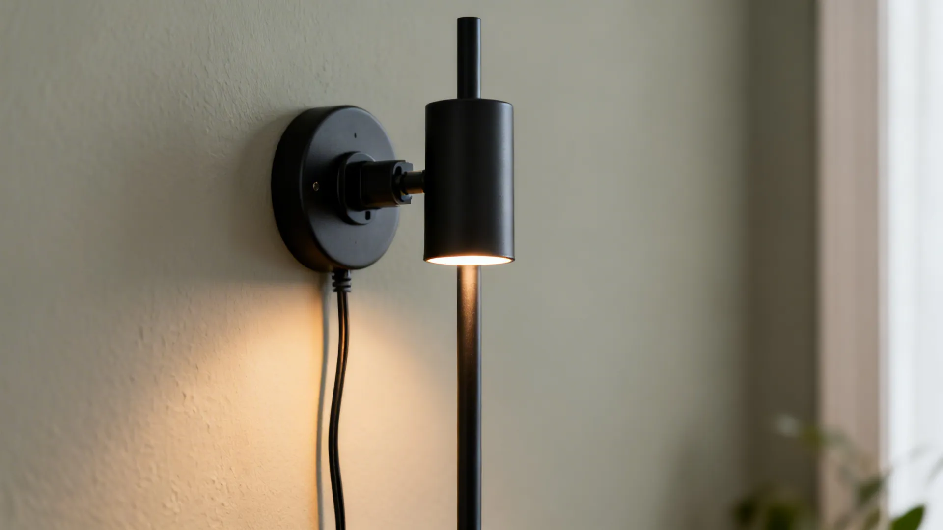 Minimalist black wall light fixed to a white wall with a soft warm glow downwards
