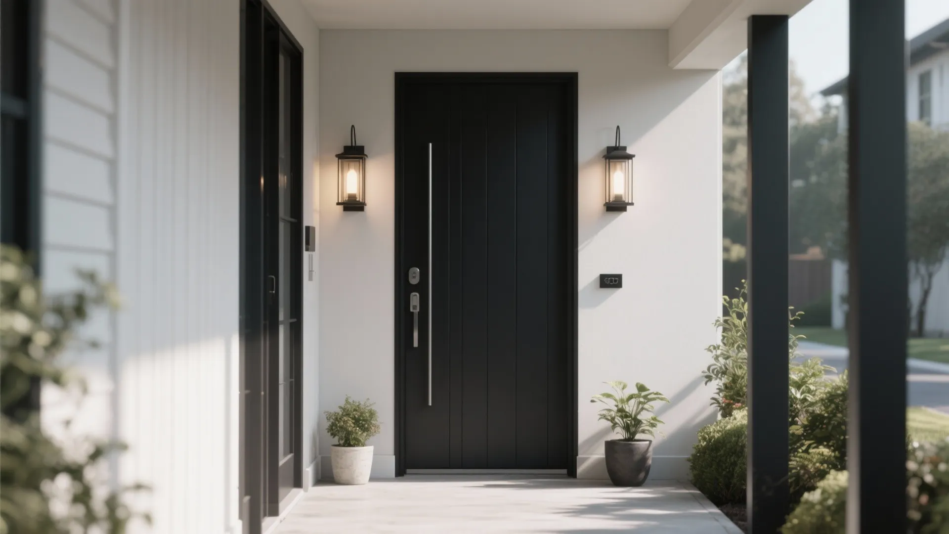 Modern black front door on white wall with two black wall lights and green plants